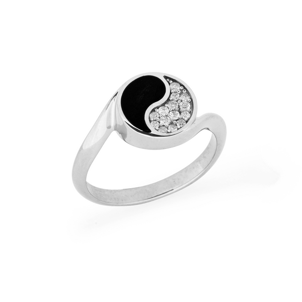 Yin Yang Black Coral Ring in White Gold with Diamonds - 10mm-Maui Divers Jewelry