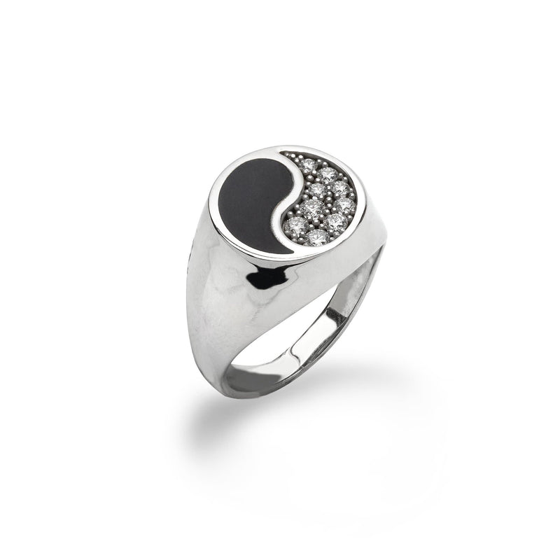 Black Coral Yin Yang Ring with Diamonds in 14K White Gold - Maui Divers Jewelry