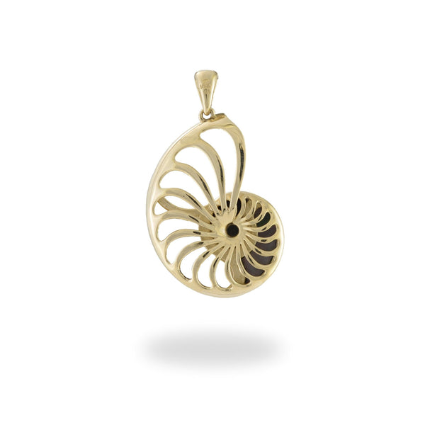 Black Coral with Diamonds and Mother of Pearl Nautilus Pendant in 14K Yellow Gold - 28mm - Maui Divers Jewelry