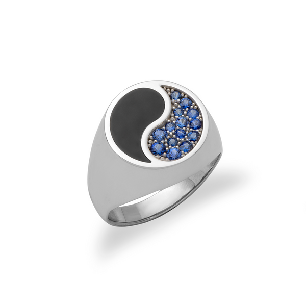Yin Yang Black Coral Ring in White Gold with Blue Sapphires - 17.5mm-Maui Divers Jewelry