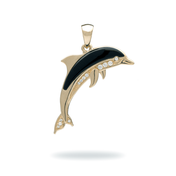 Sealife Dolphin Black Coral Pendant in Gold with Diamonds - 29mm-Maui Divers Jewelry