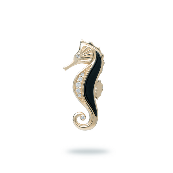 Sealife Seahorse Black Coral Pendant in Gold with Diamonds - 27mm