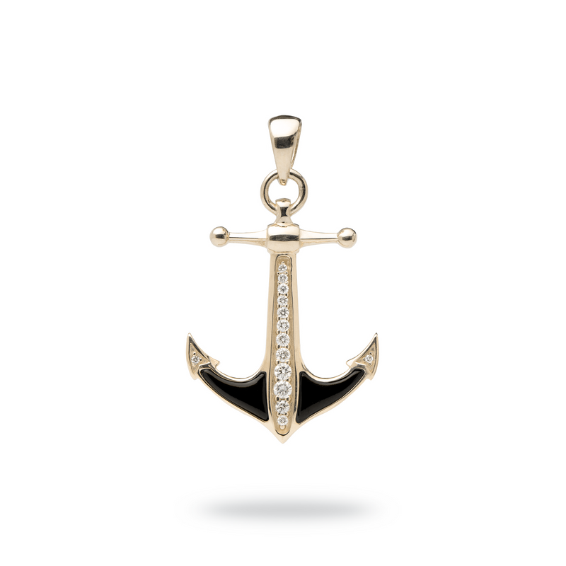 Sealife Anchor Black Coral Pendant in Gold with Diamonds - 28mm - Maui Divers Jewelry