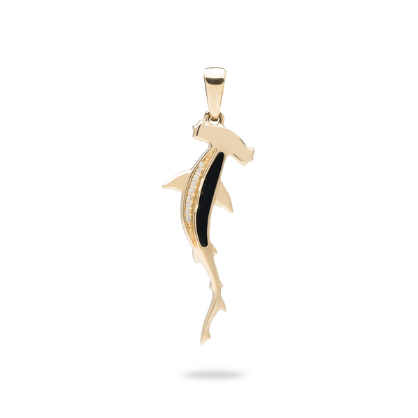 Sealife Hammerhead Shark Black Coral Pendant in Gold with Diamonds - 34mm - Maui Divers Jewelry