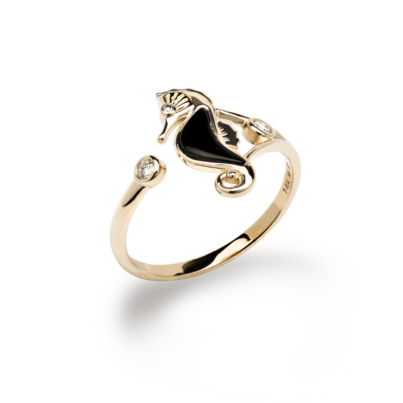 Sealife Seahorse Black Coral Ring in Gold with Diamonds - 15mm - Maui Divers Jewelry