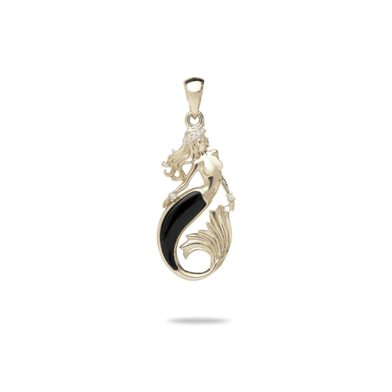 Sealife Mermaid Black Coral Pendant in Gold with Diamonds - 24mm