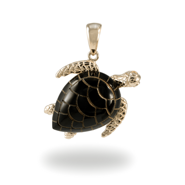 Honu Black Coral Pendant in Gold with Diamonds - 26mm-Maui Divers Jewelry