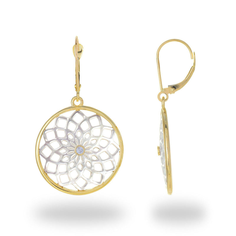 Protea Mother of Pearl Earrings with Diamond in Gold - 22mm-Maui Divers Jewelry