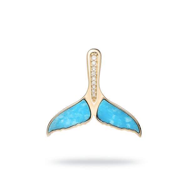 Sealife Whale Tail Turquoise Pendant in Gold with Diamonds - 22mm - Maui Divers Jewelry