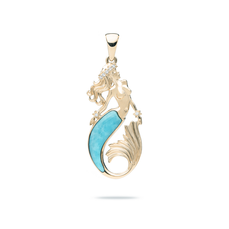 Sealife Mermaid Turquoise Pendant in Gold with Diamonds - 30mm - Maui Divers Jewelry