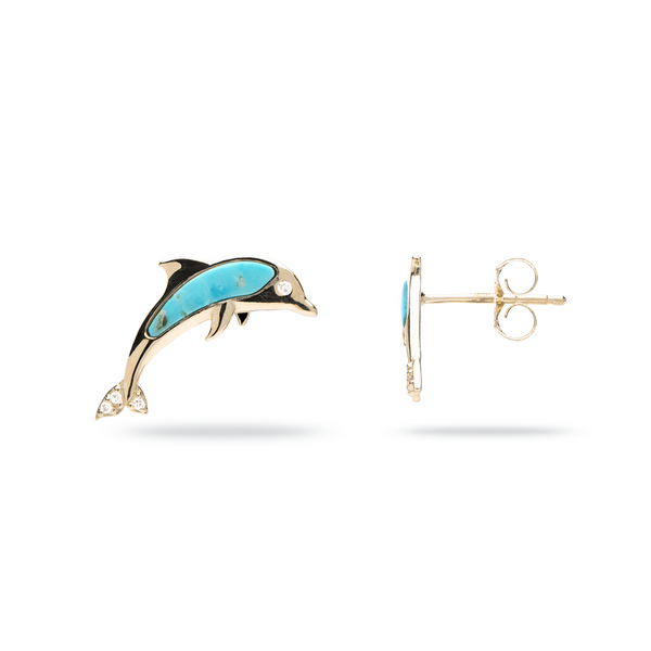 Sealife Dolphin Turquoise Earrings in Gold with Diamonds - Maui Divers Jewelry