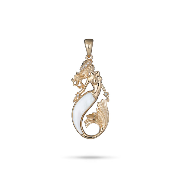 Sealife Mermaid Mother of Pearl Pendant in Gold with Diamonds - 30mm - Maui Divers Jewelry