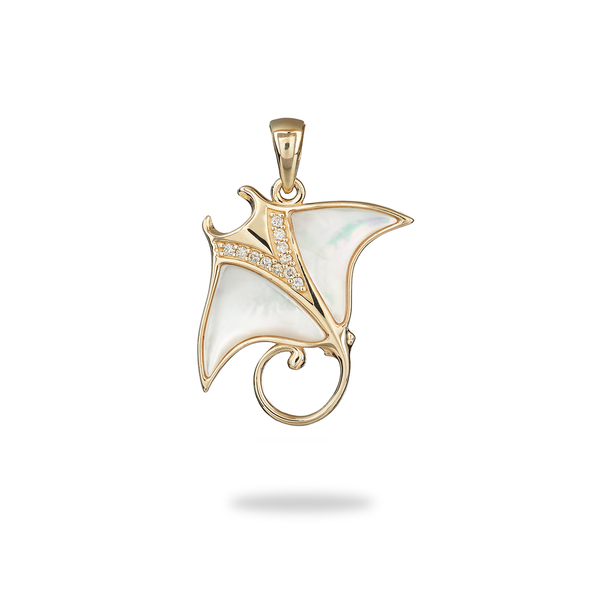 Sealife Manta Ray Mother of Pearl Pendant in Gold with Diamonds - 21mm