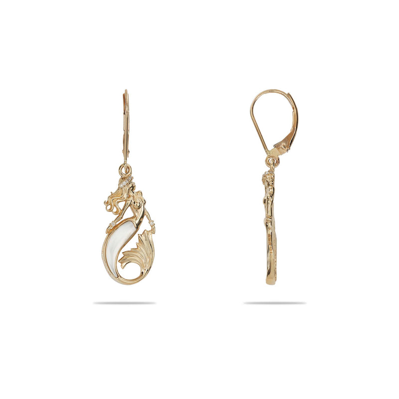 Sealife Mermaid Mother of Pearl Earrings in Gold with Diamonds - 24mm