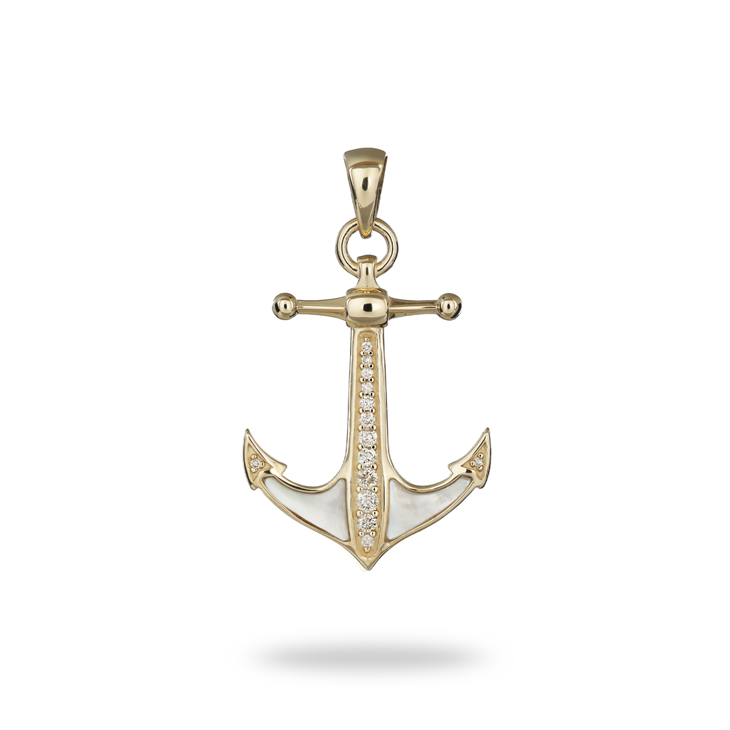 Anchor Mother of Pearl Pendant in Gold with Diamonds - 28mm