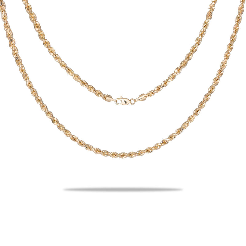 A 3.5mm Hollow Rope Chain in Gold with a clasp on a white background from Maui Divers Jewelry.	