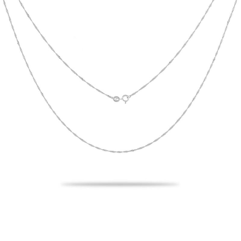 a 1.0mm Singapore Chain in White Gold with a clasp on a white background from Maui Divers Jewelry.	