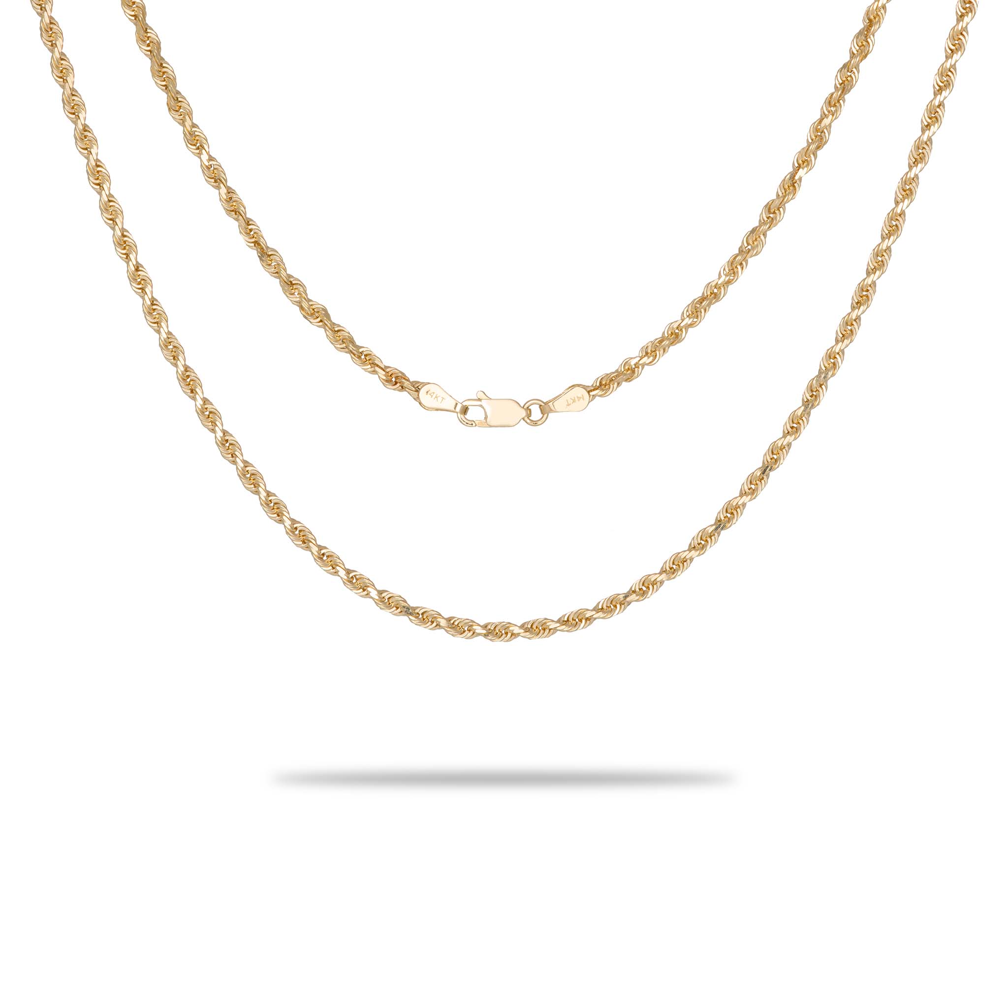 A 3mm Rope Chain in Gold with a clasp on a white background from Maui Divers Jewelry.	