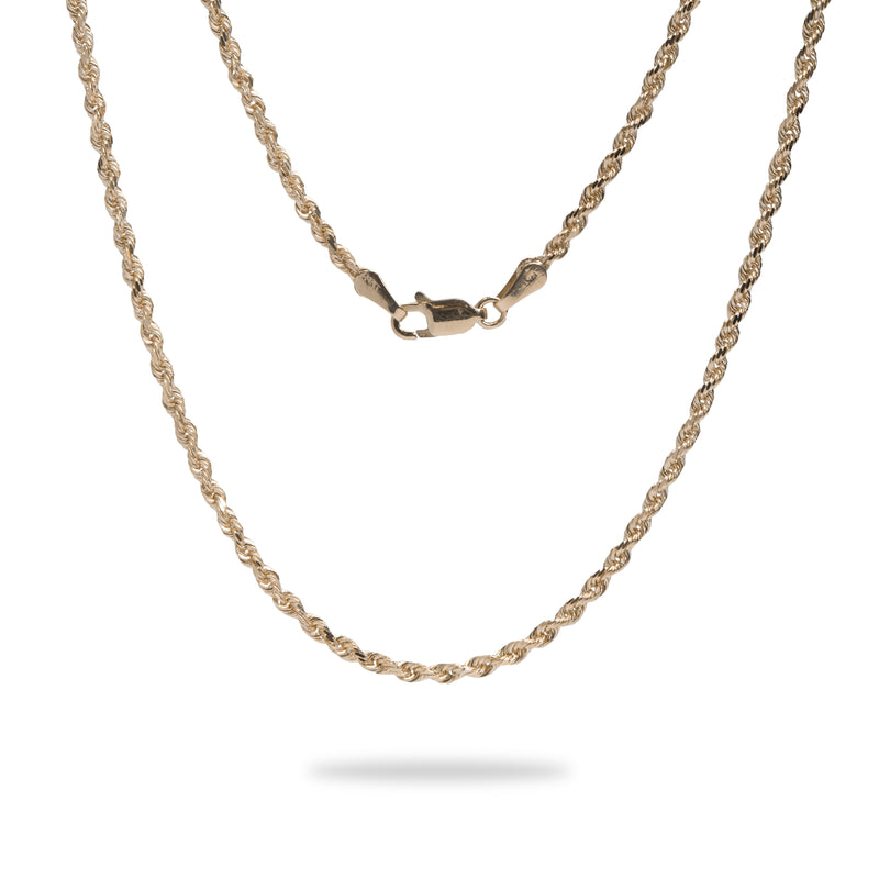 A 2.5mm Rope Chain in Gold with a clasp on a white background from Maui Divers Jewelry.	