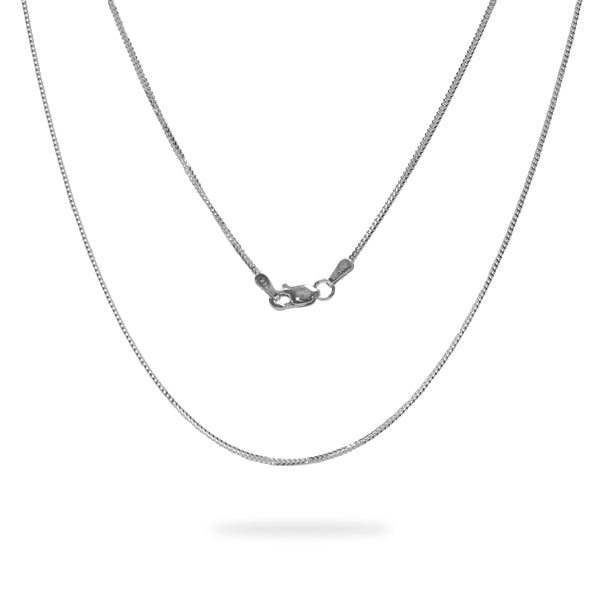 a 1.2mm Singapore Foxtail Chain in White Gold with a clasp on a white background from Maui Divers Jewelry.	
