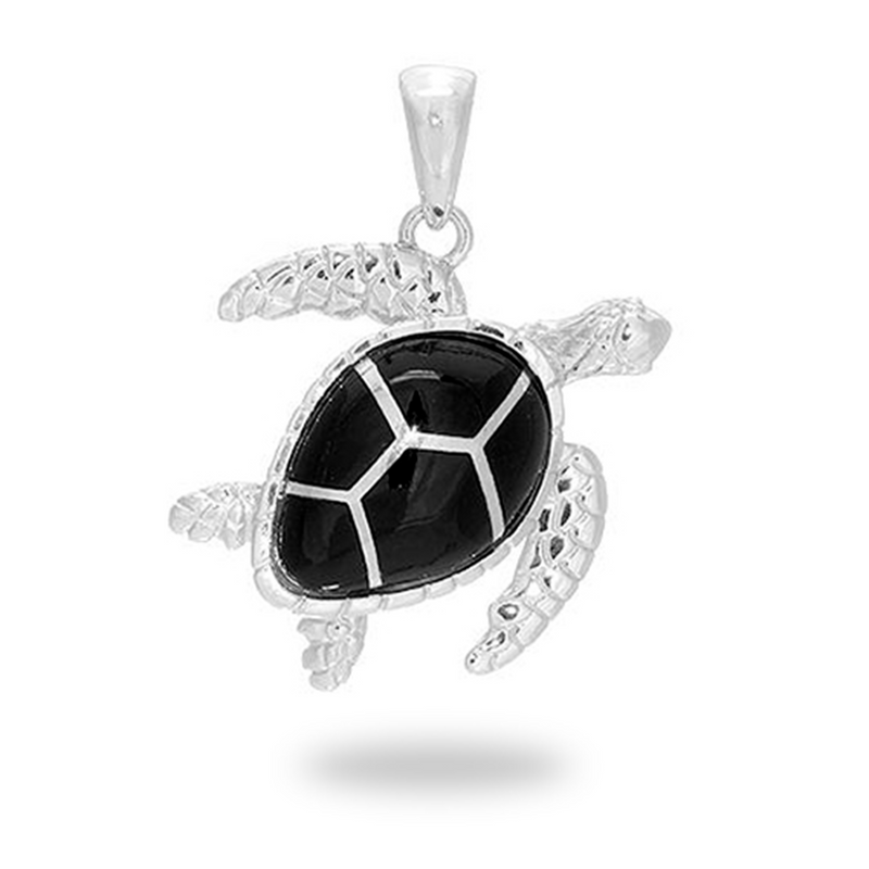 Honu Black Coral Pendant in Sterling Silver - 26mm-Maui Divers Jewelry