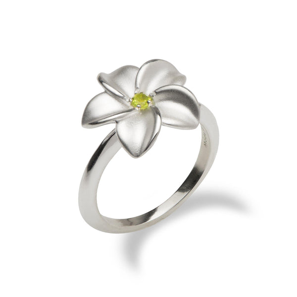 Plumeria Ring with Peridot in Sterling Silver - 15mm-[SKU]