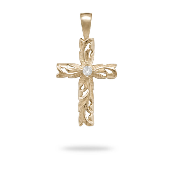 Hawaiian Heirloom Old English Scroll Cross Pendant with Diamond in Gold - Medium-Maui Divers Jewelry