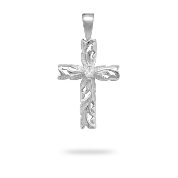 Hawaiian Heirloom Old English Scroll Cross Pendant with Diamond in 14K White Gold - Medium-Maui Divers Jewelry