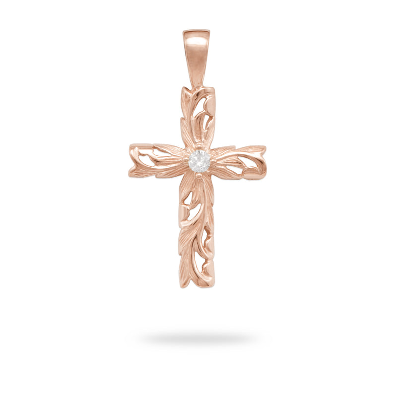 Hawaiian Heirloom Old English Scroll Cross Pendant with Diamond in Rose Gold - Medium-Maui Divers Jewelry