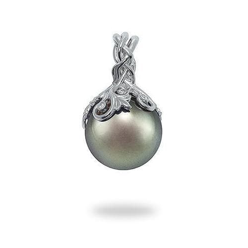 Tahitian Black Pearl Pendant in White Gold with Diamonds - 14-15mm