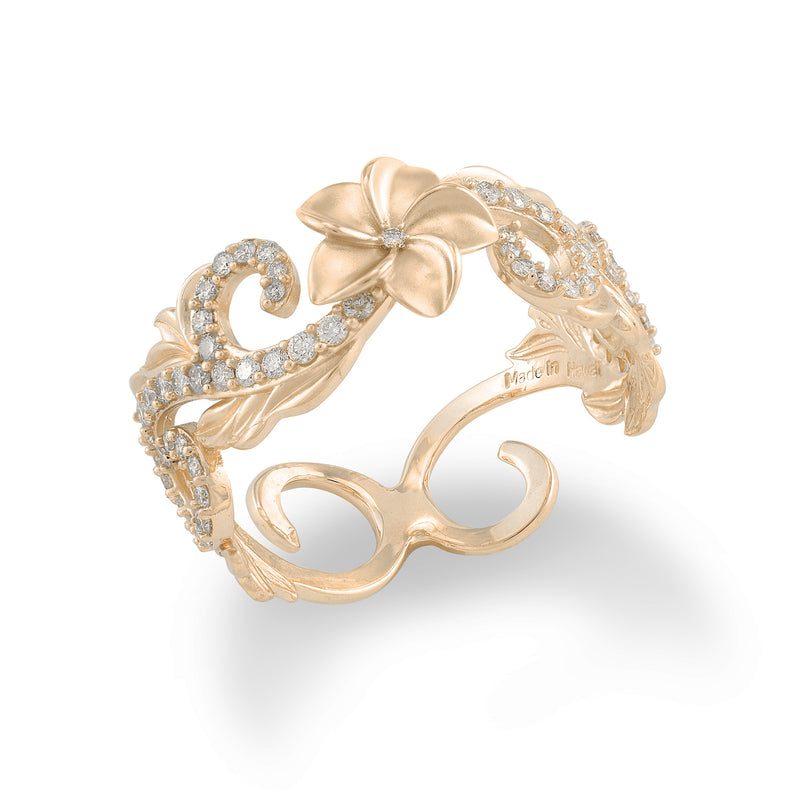 Hawaiian Heirloom Plumeria Ring in Gold with Diamonds - 8mm - Maui Divers Jewelry