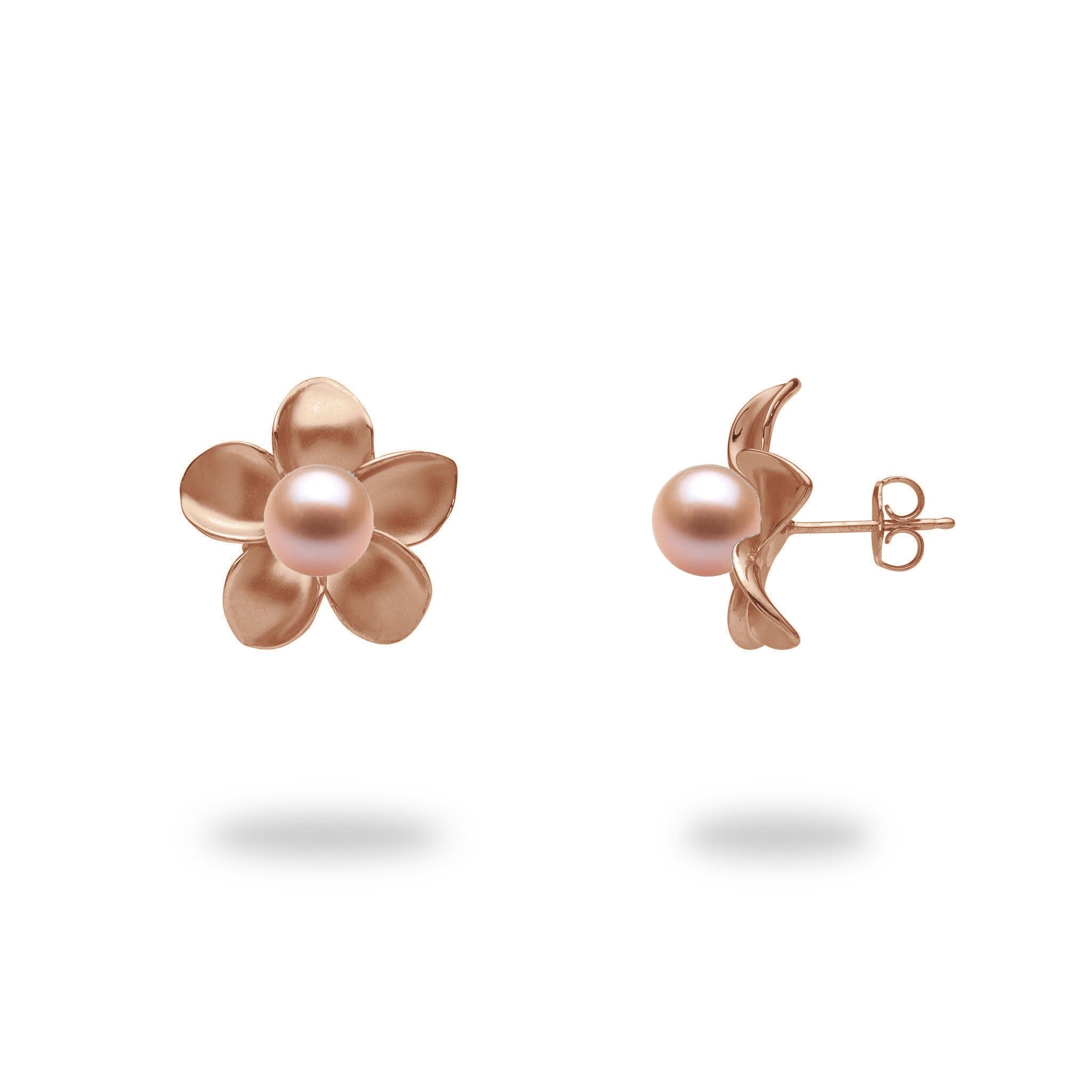 Pick A Pearl Plumeria Earrings in Rose Gold - 18mm - with Peach Pearl - Maui Divers Jewelry