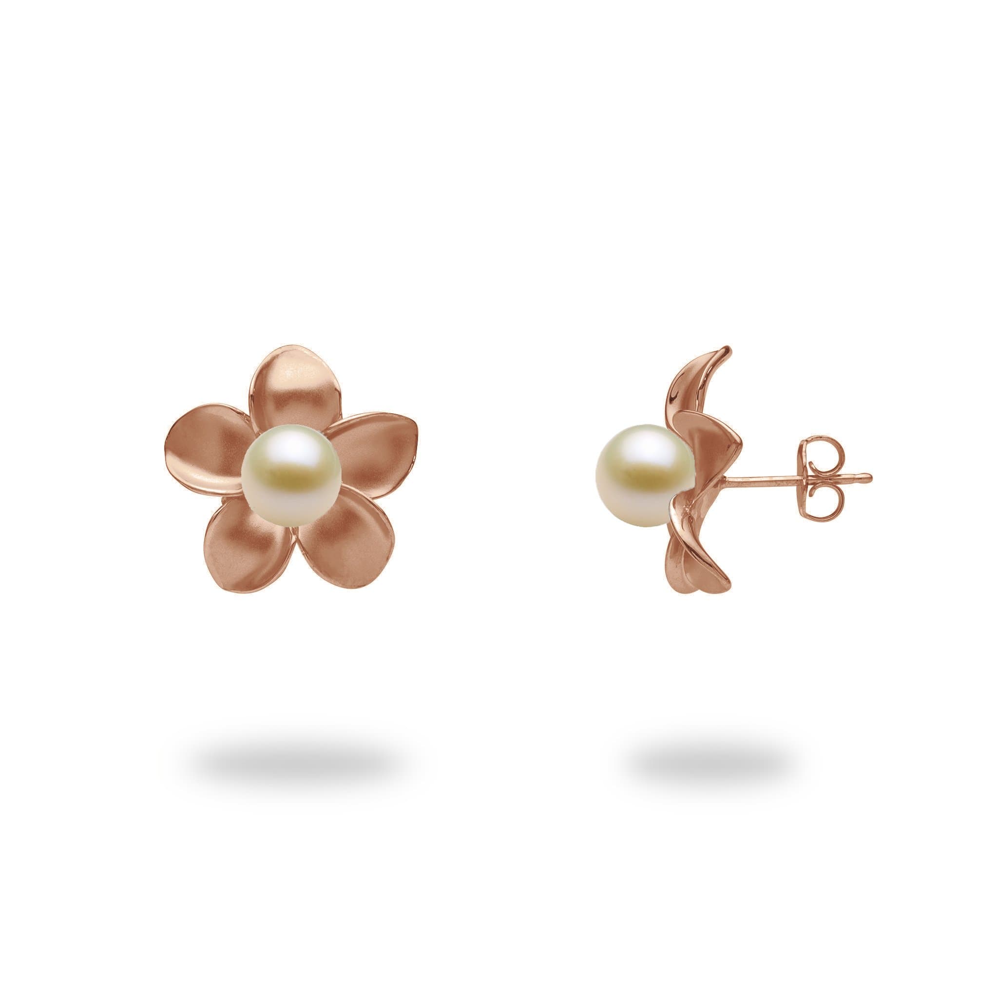 Pick A Pearl Plumeria Earrings in Rose Gold - 18mm - with White Pearl - Maui Divers Jewelry