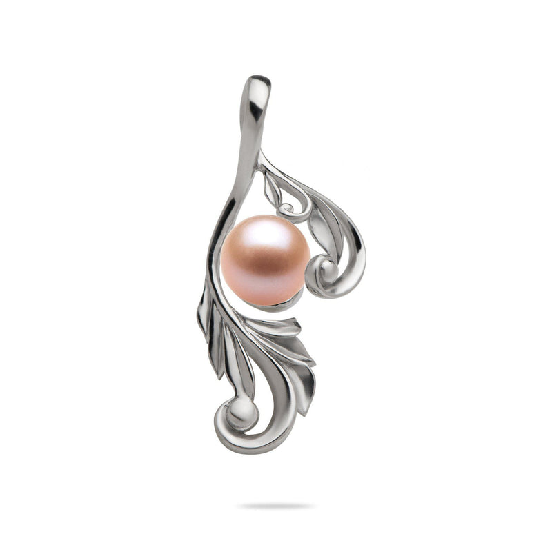 Maile Scroll Pendant Mounting in 14K White Gold with Peach Pearl - Maui Divers Jewelry