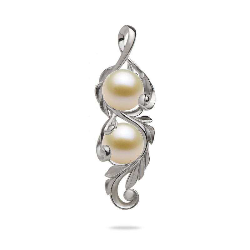 Maile Scroll Pendant Mounting in 14K White Gold with White Pearl - Maui Divers Jewelry