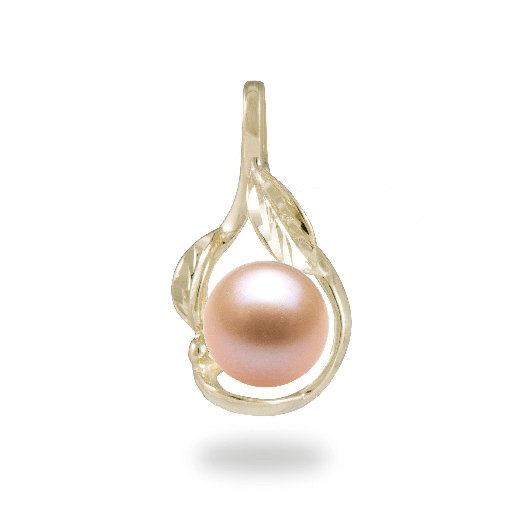 Maile Scroll Pendant Mounting in 14K Yellow Gold with Pink Pearl - Maui Divers Jewelry
