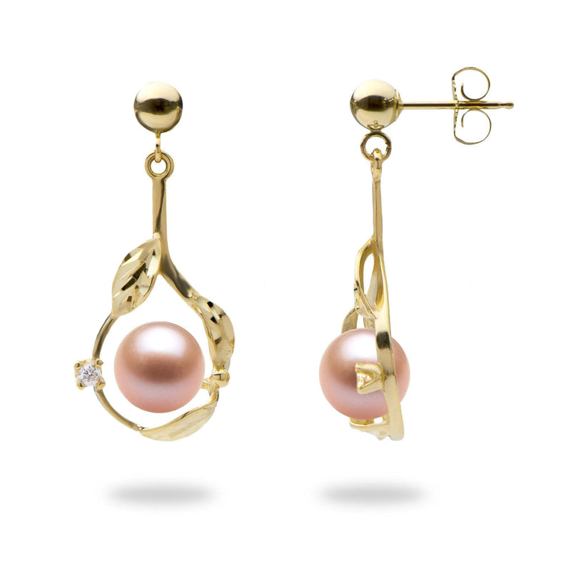 Pick A Pearl Maile Earrings in Gold with Diamonds with Pink Pearl - Maui Divers Jewelry