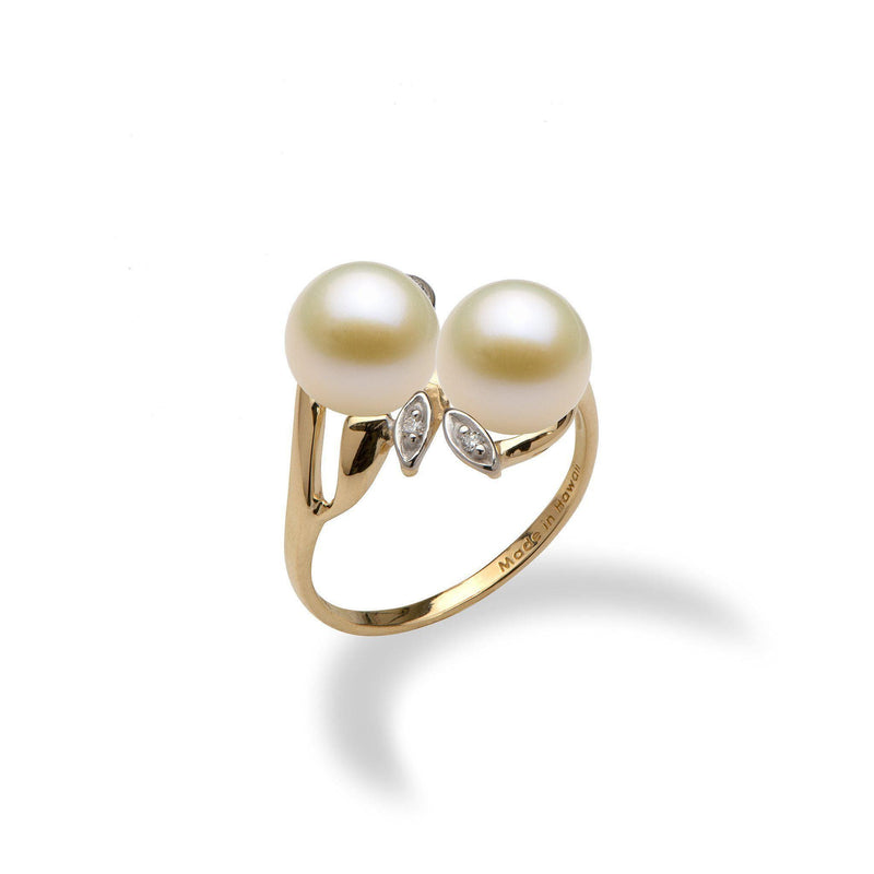 Two-Pearl Maile Ring Mounting in 14K Yellow Gold with White Pearls - Maui Divers Jewelry