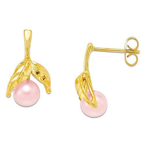 Maile Leaves Earring Mountings in 14K Yellow Gold with Pink Pearl - Maui Divers Jewelry