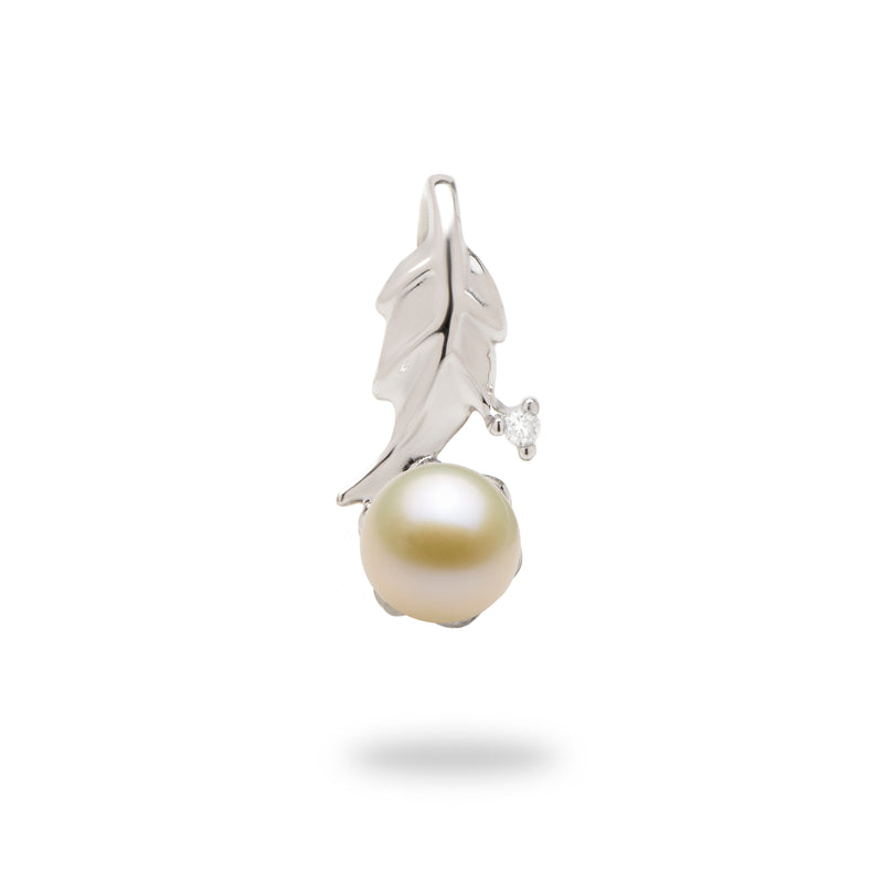 Pick A Pearl Maile Leaf Pendant in White Gold with Diamond with White Pearl - Maui Divers Jewelry