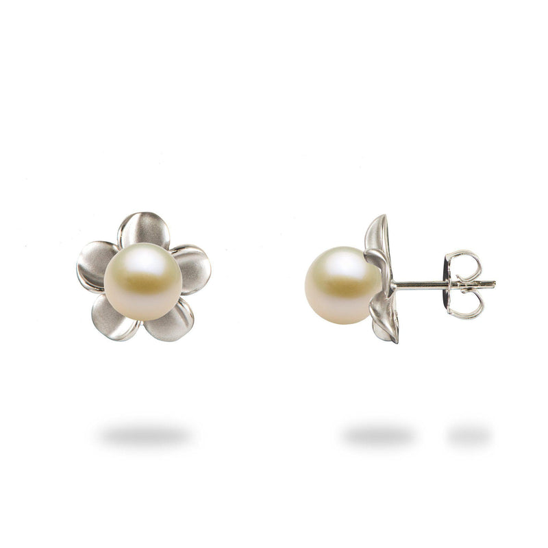 Plumeria (13mm) Earring Mountings in Sterling Silver with White Pearl - Maui Divers Jewelry