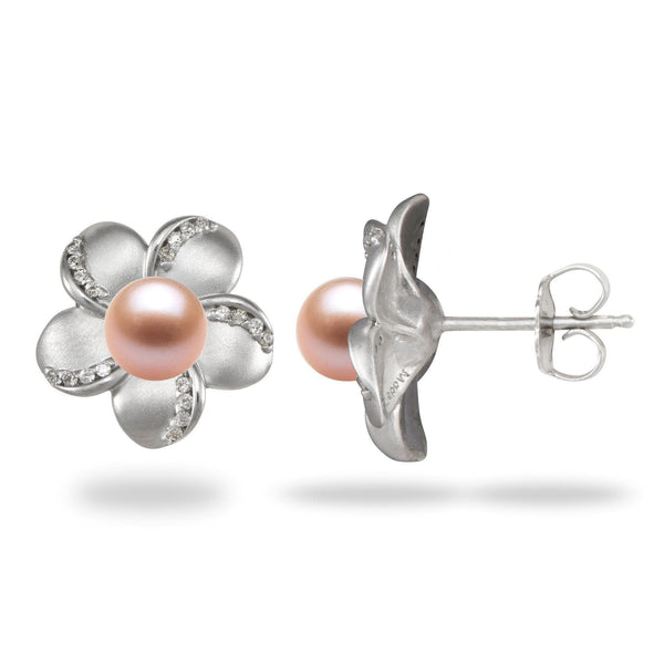 Plumeria (15mm) Earrings Mounting in Sterling Silver with Pink Pearl - Maui Divers Jewelry
