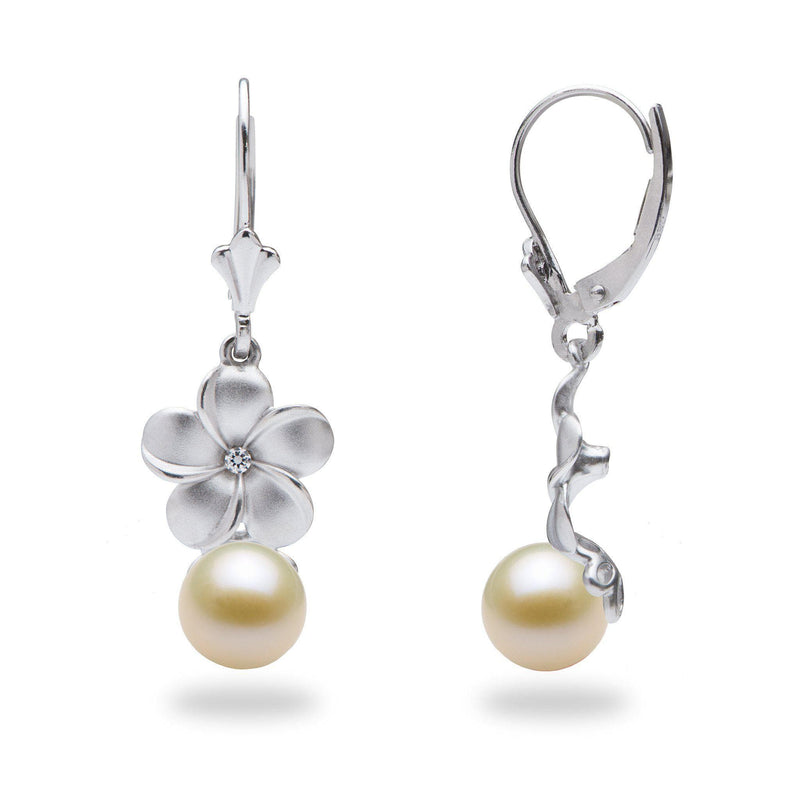 Pick A Pearl Plumeria Earrings in Sterling Silver with Cubic Zirconia with White PEarl - Maui Divers Jewelry