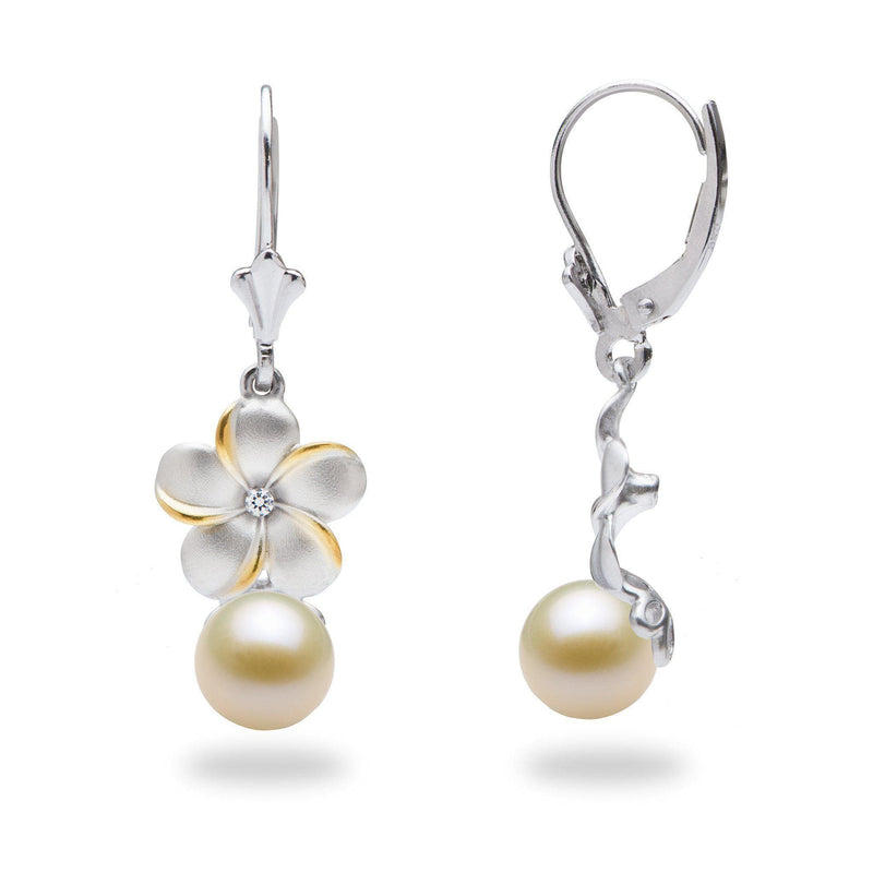 Pick-a-Pearl Plumeria Earrings in Sterling Silver with White Pearl- Maui Divers Jewelry