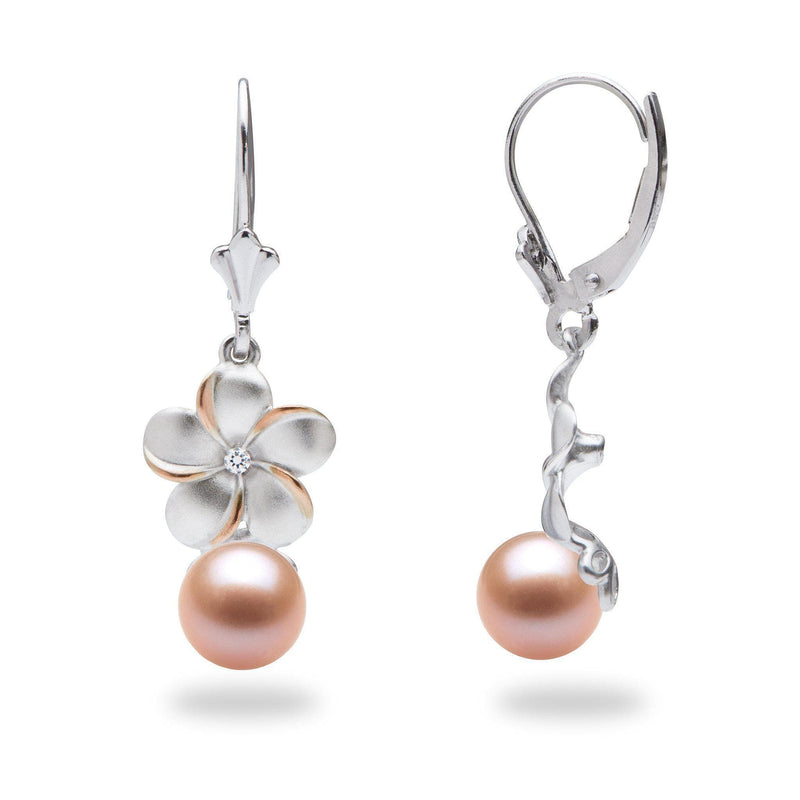Pick-a-Pearl Plumeria Earrings in Sterling Silver with Cubic Zirconia with Peach Pearl - Maui Divers Jewelry