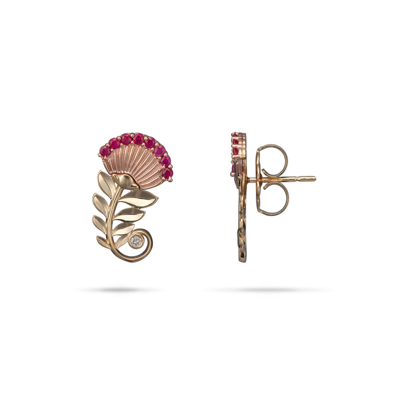 Ohia Lehua Ruby Earrings in Two Tone Gold with Diamonds - 19mm- Maui Divers Jewelry