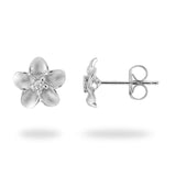 Plumeria Earrings in White Gold with Diamonds - 9mm-Maui Divers Jewelry