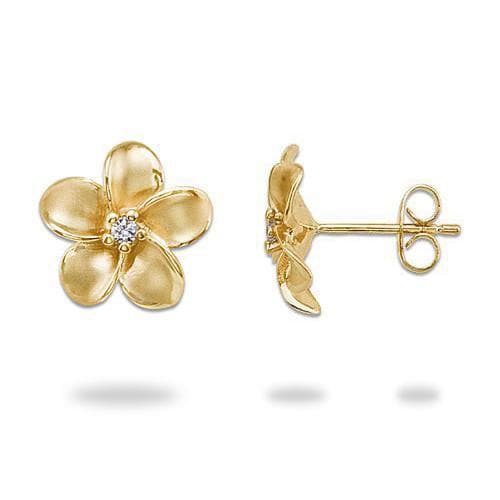 Plumeria Earrings in Gold with Diamonds - 13mm – Maui Divers Jewelry