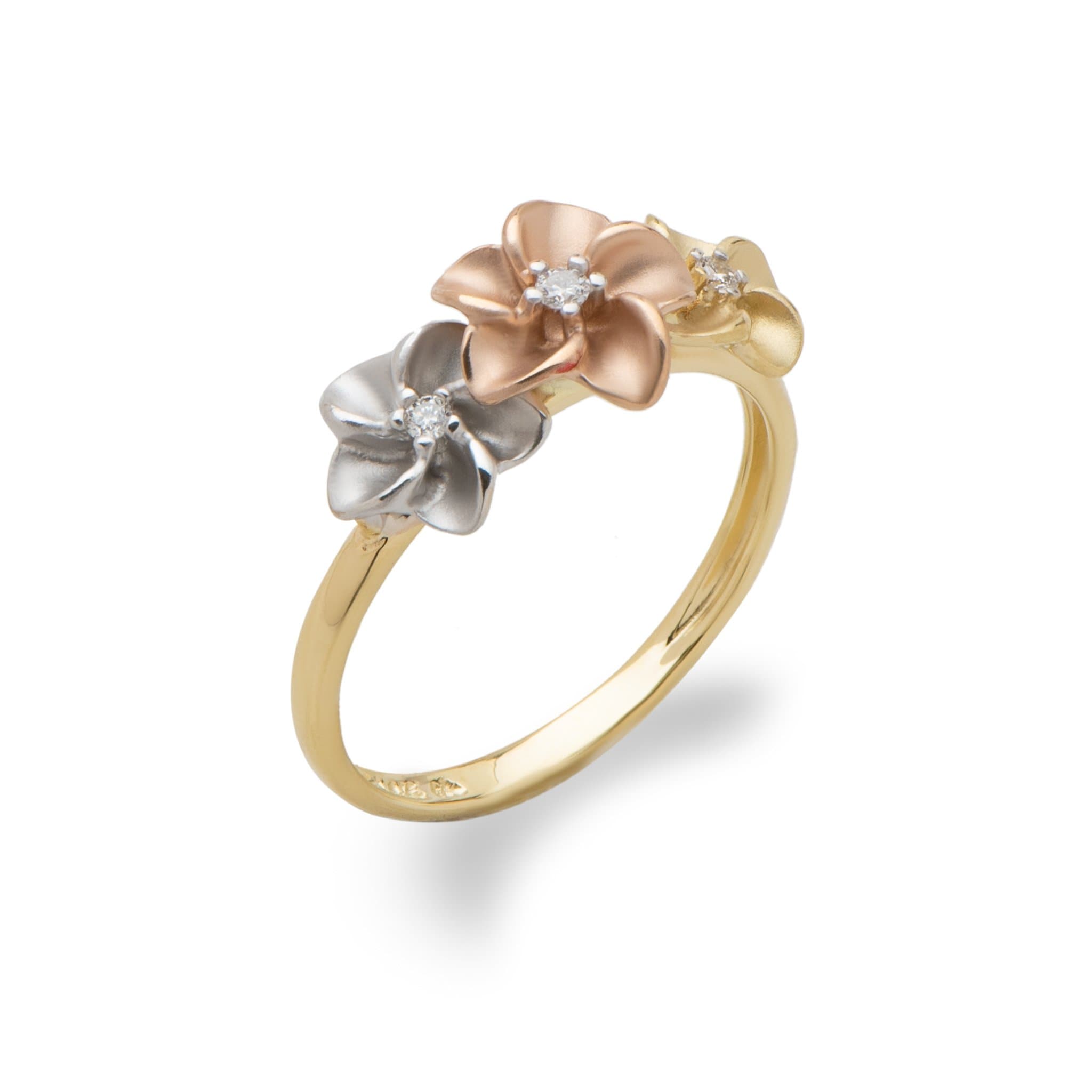 Plumeria Ring White, Rose, Yellow Gold with Diamonds – Maui Divers Jewelry