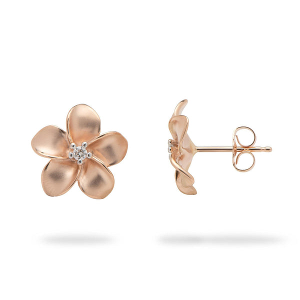Plumeria Earrings with Diamond in 14K Rose Gold - 13mm-[SKU]